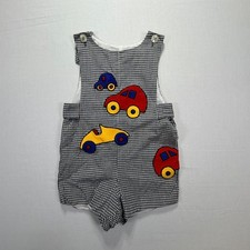 Vintage Chocolate Soup Kids Gingham Car Applique Shortall Size 4 Handmade USA