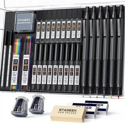 STAGEEK 35PCS Black Art Mechanical Pencil Set in Case，0.5 0.7 0.9