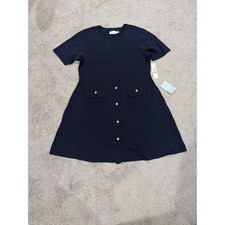 Eliza J Navy Blue Knit Fit Flare Dress Gold Button Front Pockets EJ5M4016 XXL