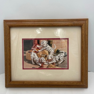 Vintage Jim Lamb  Where s The Fire  Dalmatian Puppy Fireman Framed Print 14''x17''
