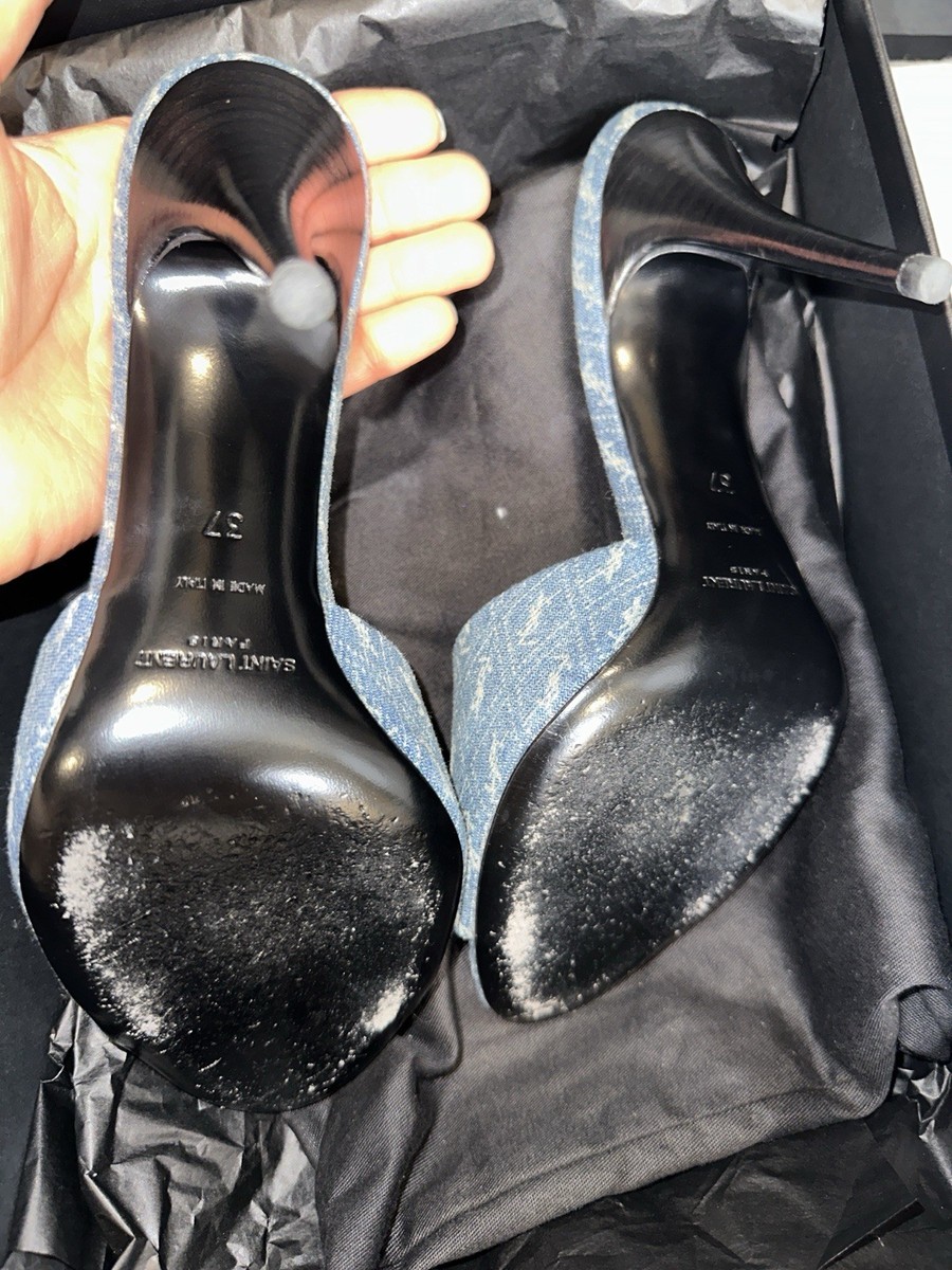 Saint Laurent YSL Logo Monogram Denim Open Toe Mule Stiletto Heels