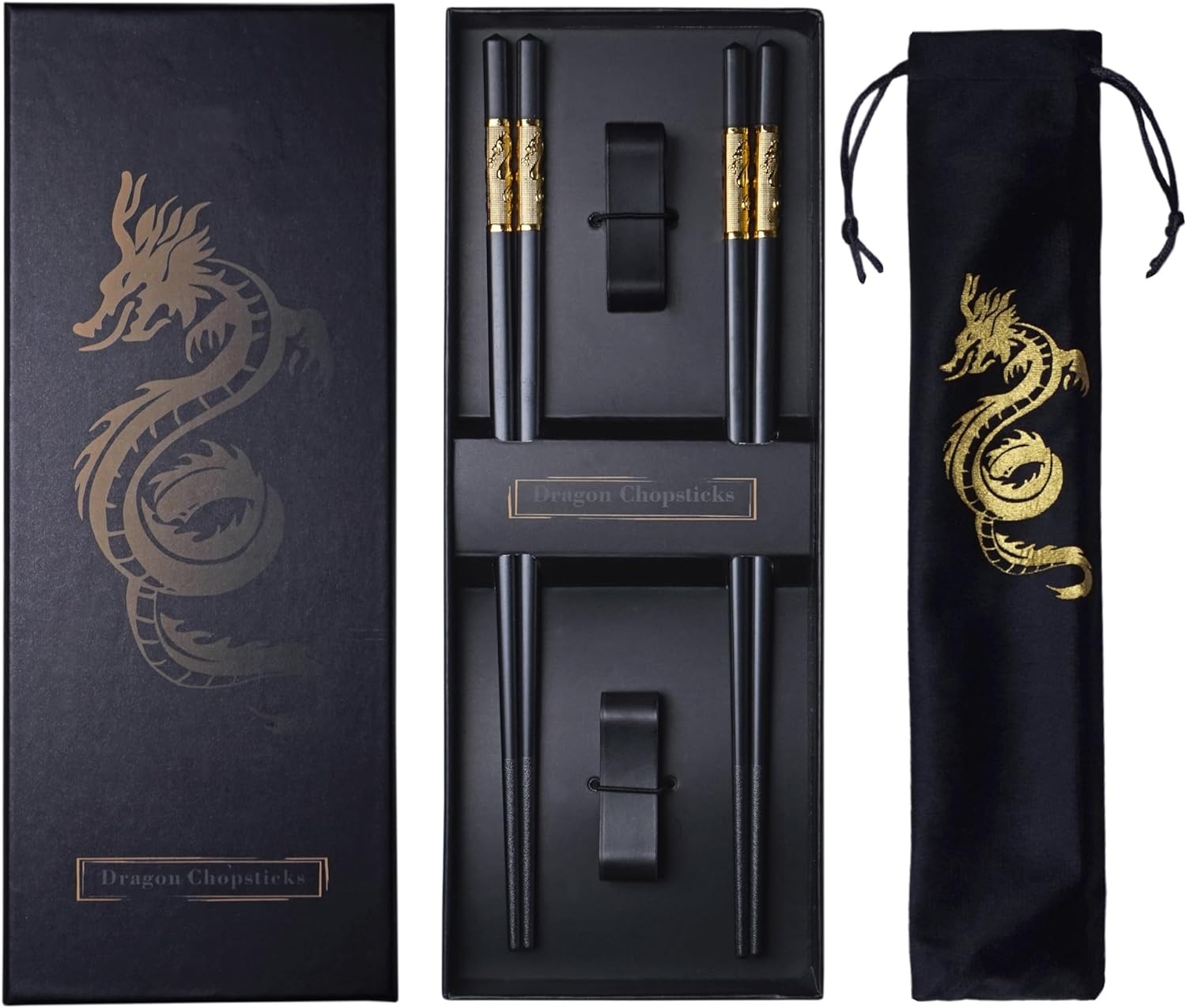 Chinesische Drachen Essstäbchen Set mit Halter und Tasche 2 Paar Fiberglas