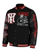 The World Is Yours Black Bomber Scarface Varsity Jacket With Real Leather Sleeve