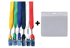 LOT 100 NECK STRAPS LANYARD WITH BULLDOG CLIP + 100 CLEAR VINYL ID BADGE HOLDERS