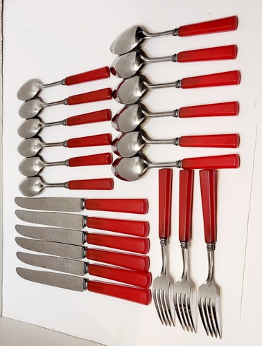 Vintage Kirschrot Bakelit Tal Schmiede Edelstahl Besteck Messer Löffel Gabeln - Bild 6 von 10