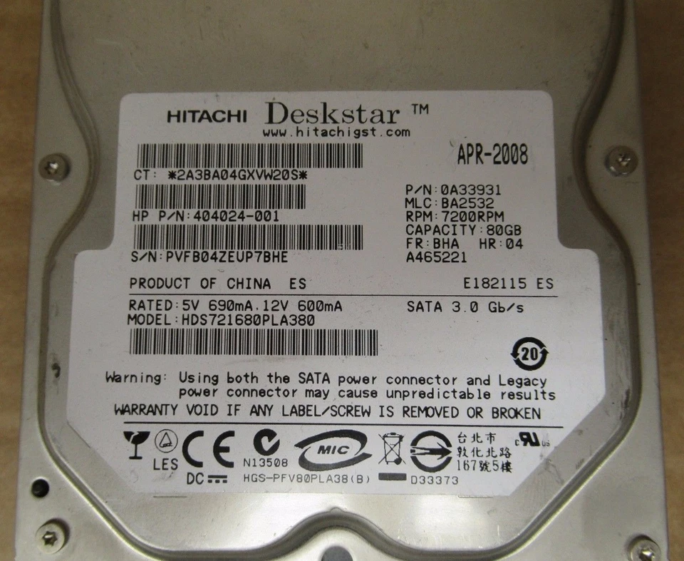 Hitachi HGST Deckstar 7k160 Internal Hardrive 7.2k rpm SATA 3gb/s 8MB 80GB HDD - Image 2 of 4