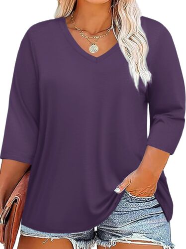 TFSDOD Womens Plus Size Tops V Neck T Shirts 3/4 Sleeve Blouse Summer Casual Tee