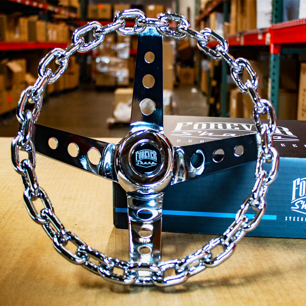 11 Inch Chrome Chain Steering Wheel with Cutout Spokes and Horn
