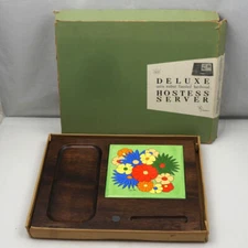 Vintage Imperal Hostess Server Walnut Hardwood Tray Flowers Made in Japan ST208