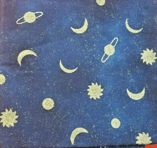 Fabric ½ yard (18" x 45") Blue Sparkly Stars & Sky Moon Planet 100% Cotton - New - Picture 2 of 3
