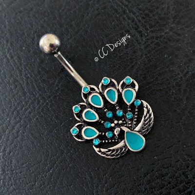 14g Cz Sparkle Blue Peacock Bird Belly Button Navel Ring (B242)