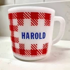 VTG 60'S WESTFIELD MILK GLASS WHITE&RED GINGHAM PRINT COFFEE TEA MUG HAROLD CUP
