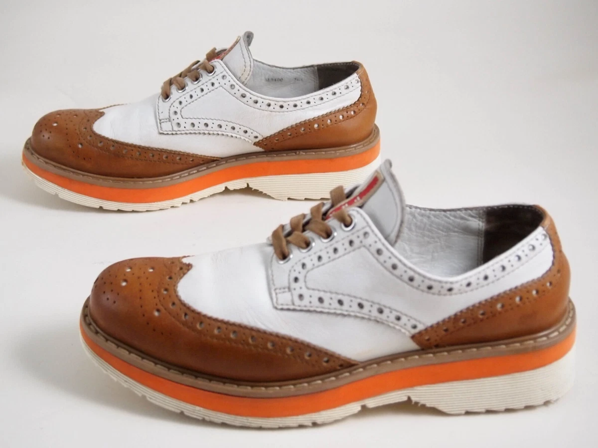 Prada Lug Sole Brogues Brown White Leather Womens Shoe Size EU