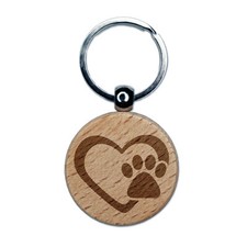 Heart with Paw Print Engraved Wood Round Keychain Tag Charm