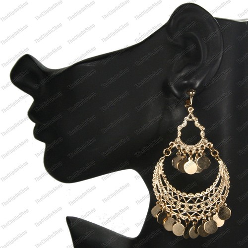 CLIP ON BIG 3.75"long CHANDELIER gypsy discs EARRINGS GOLD FASHION boho clips - Picture 4 of 7