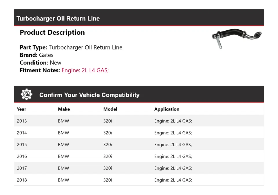 Para BMW 320i 2013-2018 2L L4 turbocompresor gas puertas de línea de retorno de aceite 2014 2015 Foto 2 de 3