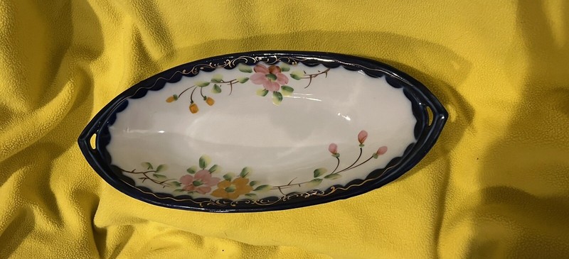 Vintage Nippon Hand Painted Oval Serving Dish Flowers With Cobalt Blue And Gold 