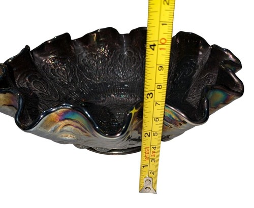 Fenton Black Amethyst Carnival Glass Bowl Ruffled Edge Embossed Design - Picture 8 of 8