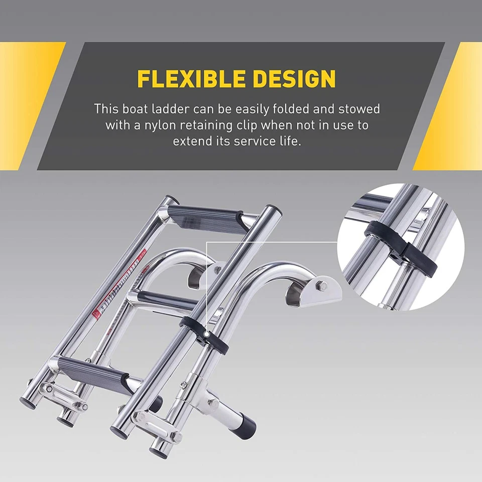 304  Stainless Steel 3 Step Folding Boat Ladder Polished 2+1 Step Ladder - image 3 of 4