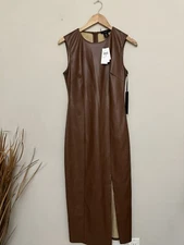 House Of Harlow 1960 dress Brown Faux Leather Sleeveless Slit Midi Dress Size S