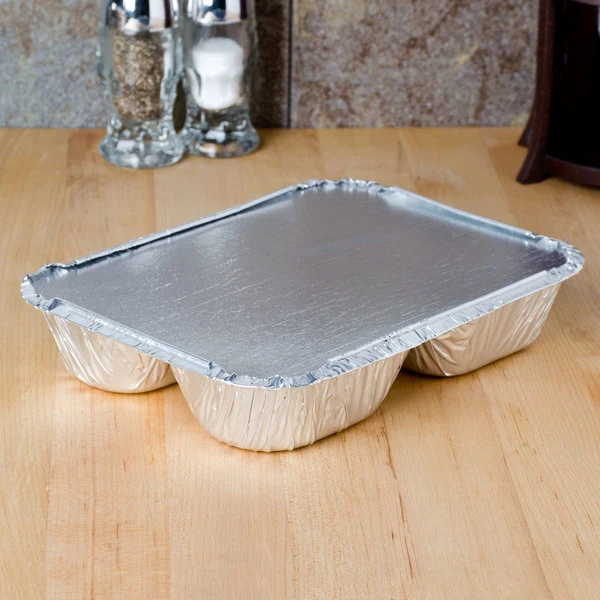 Disposable Aluminum Three Compartment oblong Foil Tray with Aluminum Lid - Image 3 of 4