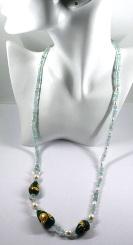 Collana Larga Acuamarina, Peridoto, Perlas, Gotas De Cerámica Pintadas A Mano - Imagen 7 de 13
