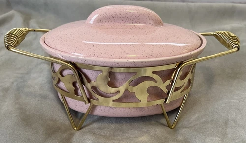 Vintage Bauer Pottery #463 Speckled Pink Oval Baker w/ Brass Frame Casserole