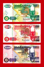 3 x Zambia UNC Banknotes 20 (P-36), 50 (P-37) & 100 Kwacha (P-38) Paper Currency