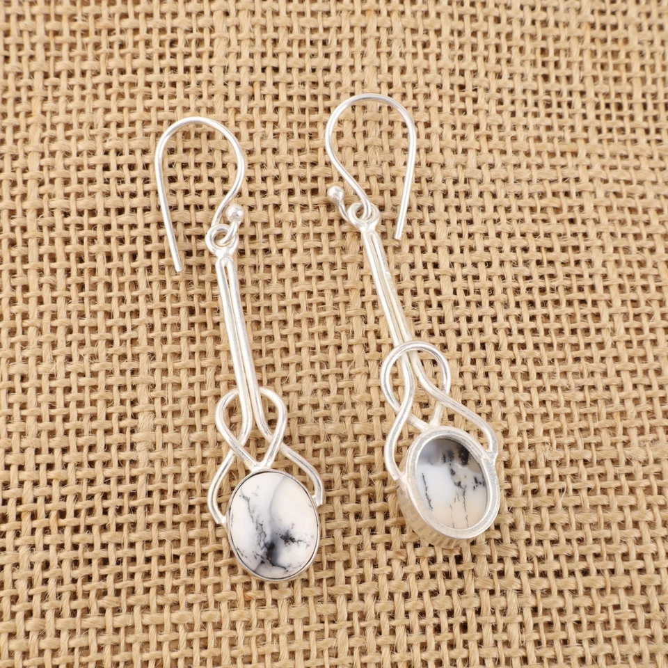 Brinco de prata esterlina 925 feito à mão com pedra preciosa opala dendrito natural 1,7" - Imagem 2 de 4