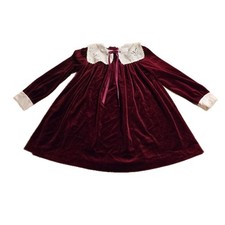 Girls Sz 6 Velvet Velour Maroon Dress Big Collar Lace Edge Vtg Cookies Corner