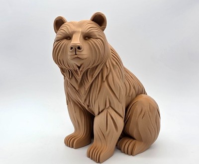 Seated Bear Sculpture - 6'' Tall - Wood Carved Style 3D Printed - Caramel Brown