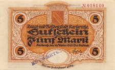 5 marek - Karlsruhe - miasto - 16.10.1918 - zdewaluowany