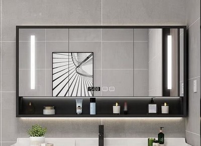 Modern Gray Wood Bathroom 48 in Mirror Open Shelf