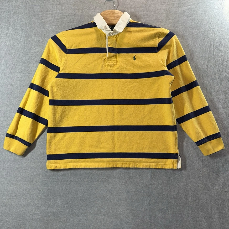 Camisa de Rugby Polo Ralph Lauren Hombres XL Amarillo Azul Rayas Forrada de Vellón Poni Foto 2 de 4