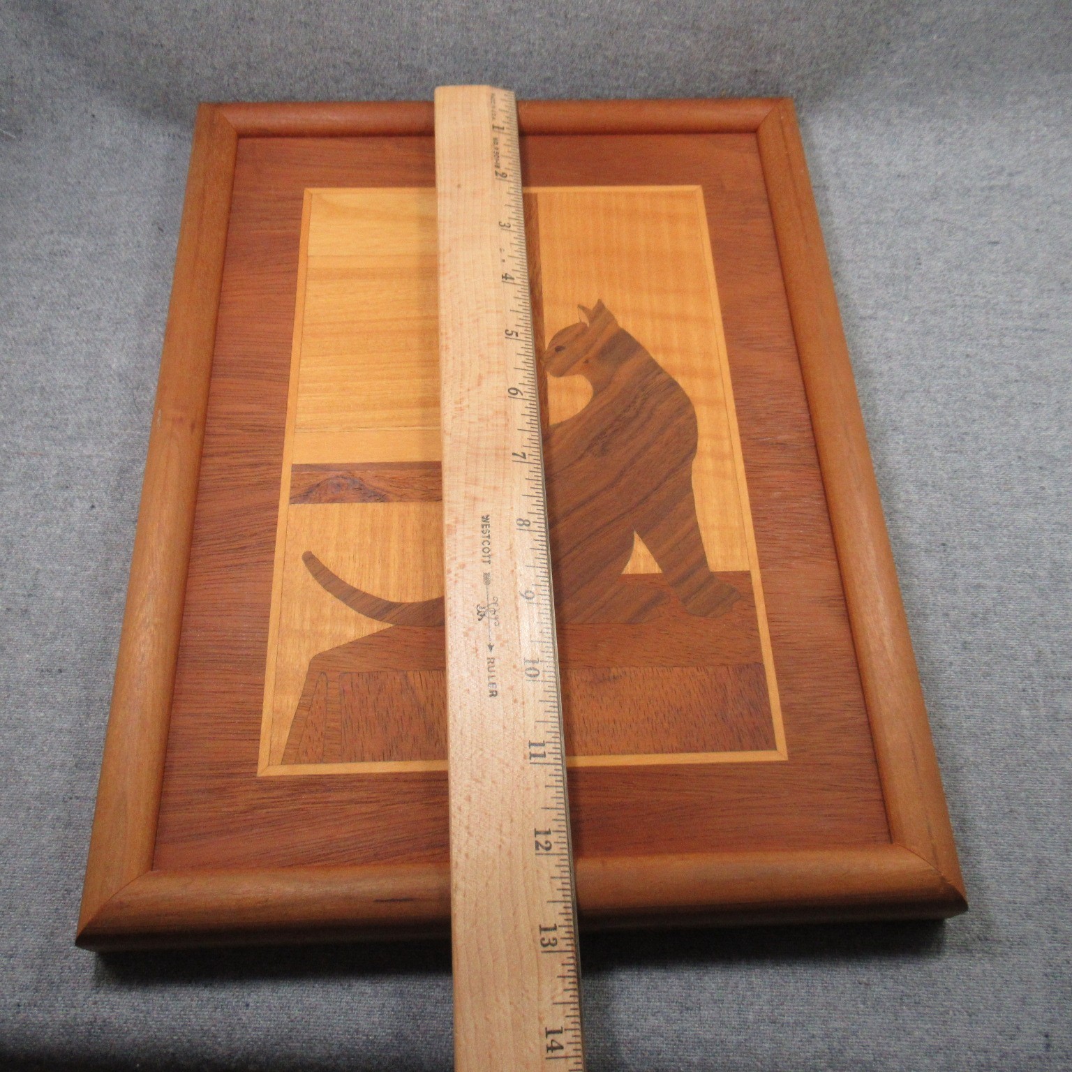 Inlay CAT at Window Marquetry Wood Handmade Vintage 13