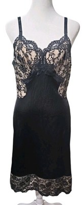 Vtg 60s Gossard Artemis Vampy Goth Black Sz 36 Full Slip Nude Lining Nylon Lace