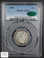 1908 Barber Silver Quarter 25C PCGS VF 35 CAC