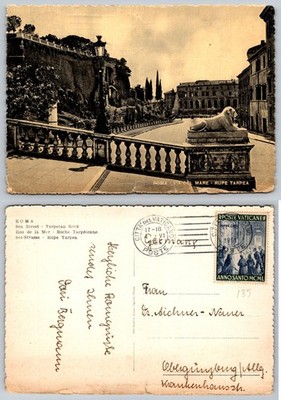 1951 Rome Via del Mare Rupe Tarpea Lion Statue Vatican Postcard