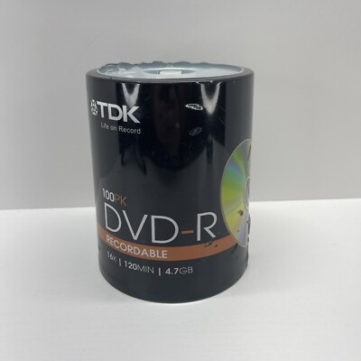 TDK DVD-R 16x 120min 4.7 GB Recordable Discs, 100 Pack Spindle, New & Sealed
