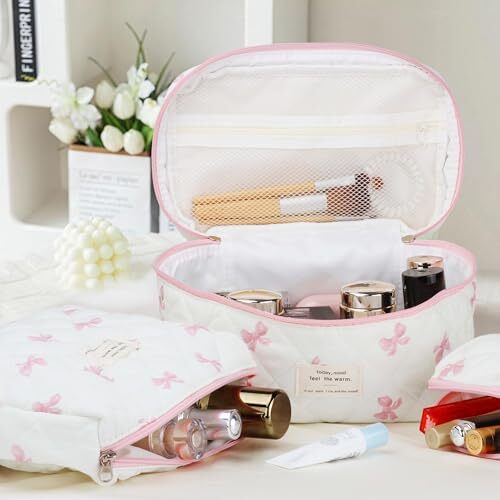 Gesteppte Kosmetiktasche Set - 3-teilig süße Blumen Baumwolle Kosmetiktasche, große Schleife - Bild 5 von 6