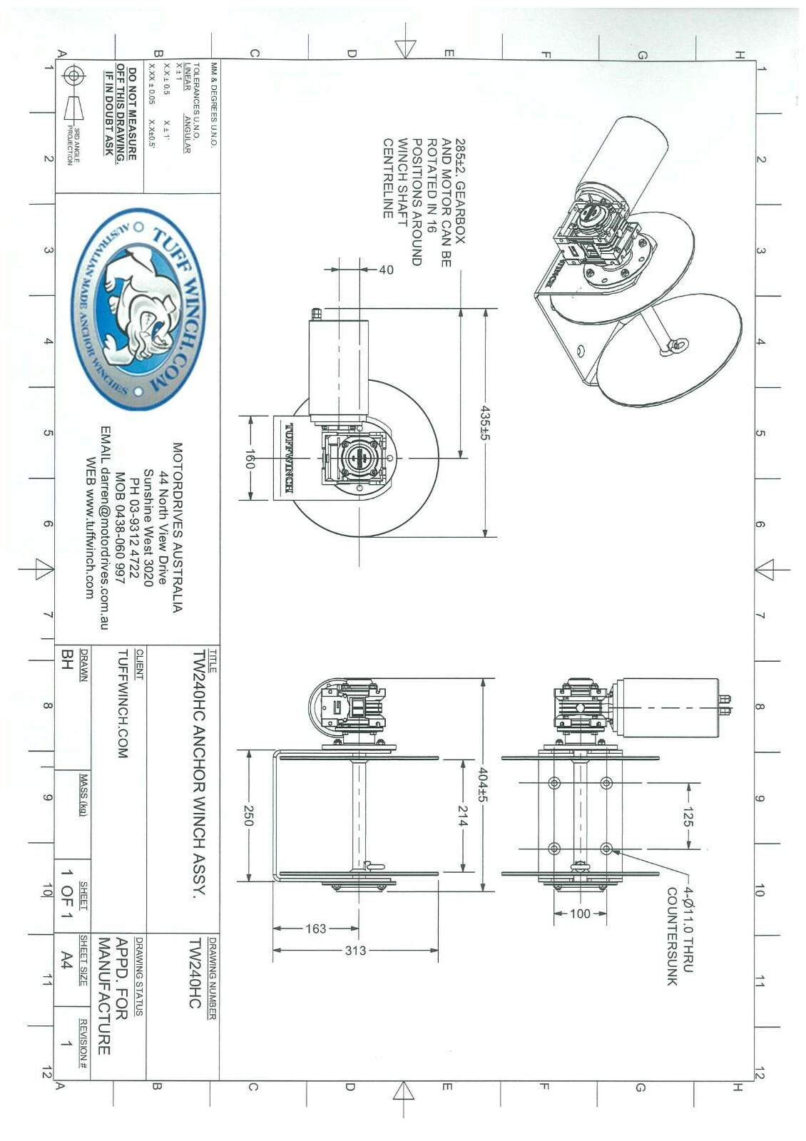 Electric Anchor Winch DRUM WINCH Australian Made TUFF240HC 300MM 2024