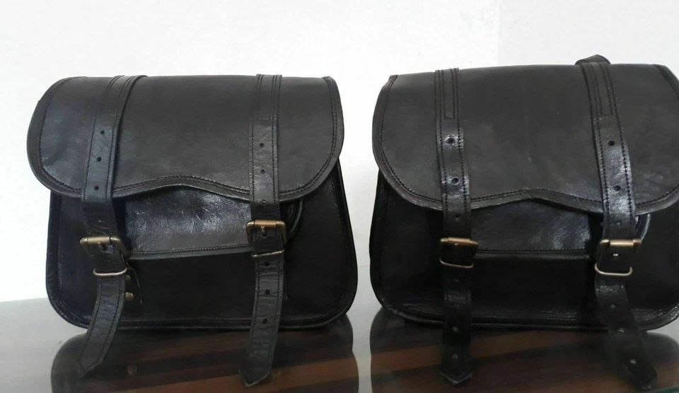 2 Borse Laterali In Pelle Nere Fatte A Mano Per Moto Vintage Retro - Immagine 3 di 4