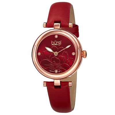 Women's Burgi BUR128RD Embossed Flower Diamond Dial Genuine Leather Strap Watch