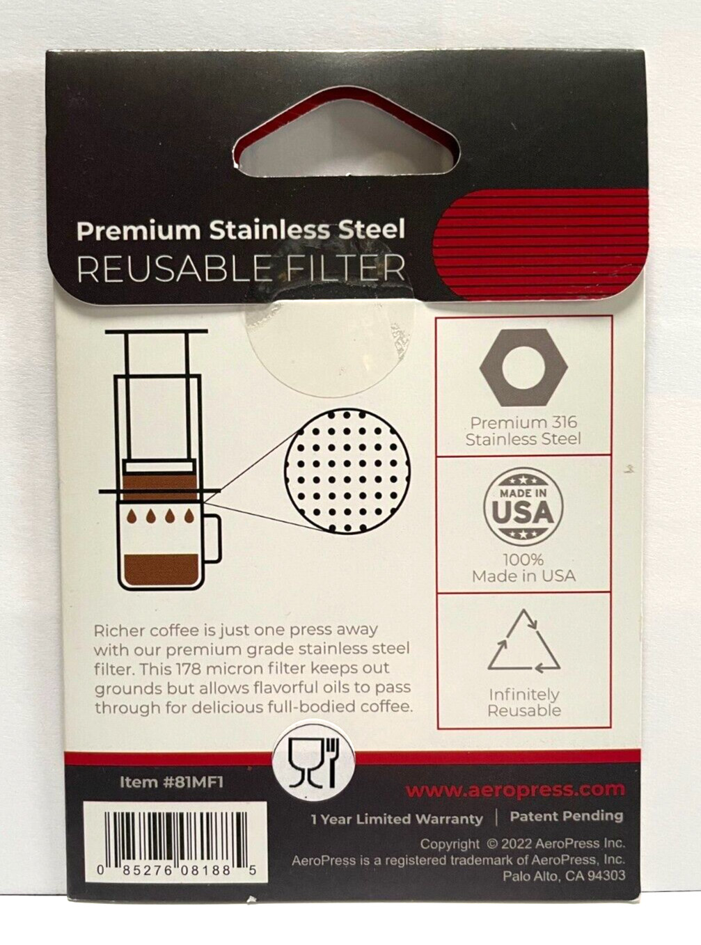 AeroPress Premium Stainless Steel Reusable Filter 81MF1 Metal Coffee Filter NEW
