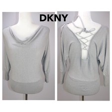 DKNY Cowl Neck Sweater Pullover Gray Cross Back Size S