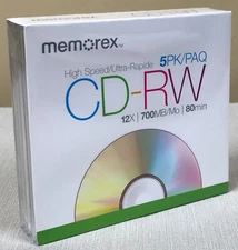 NEW Memorex 5 Pack High Speed Blank CD-RW 12x 700MB 80 Minutes with Cases Sealed