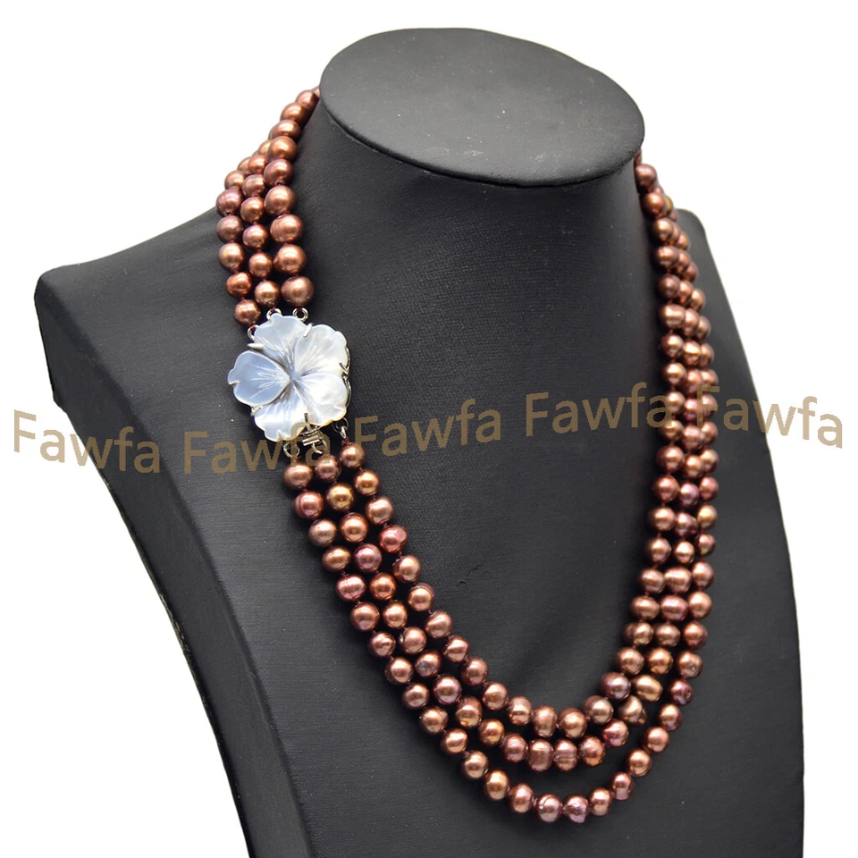 Collar de cuentas de perlas marrones de agua dulce naturales de 3 filas de 7-8 mm 17-19"" Foto 4 de 4