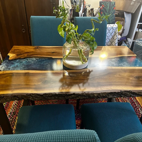 Gray Epoxy Resin Dining Table Top River Themed Live Edge Wood Counter Top Slab - Picture 6 of 11