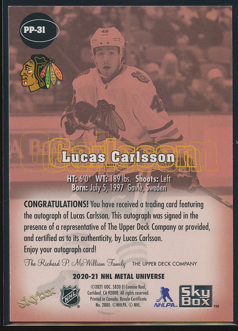 FILA Lucas Carlsson 2020 21 Skybox Metal Universe Premium Prospects Auto RC