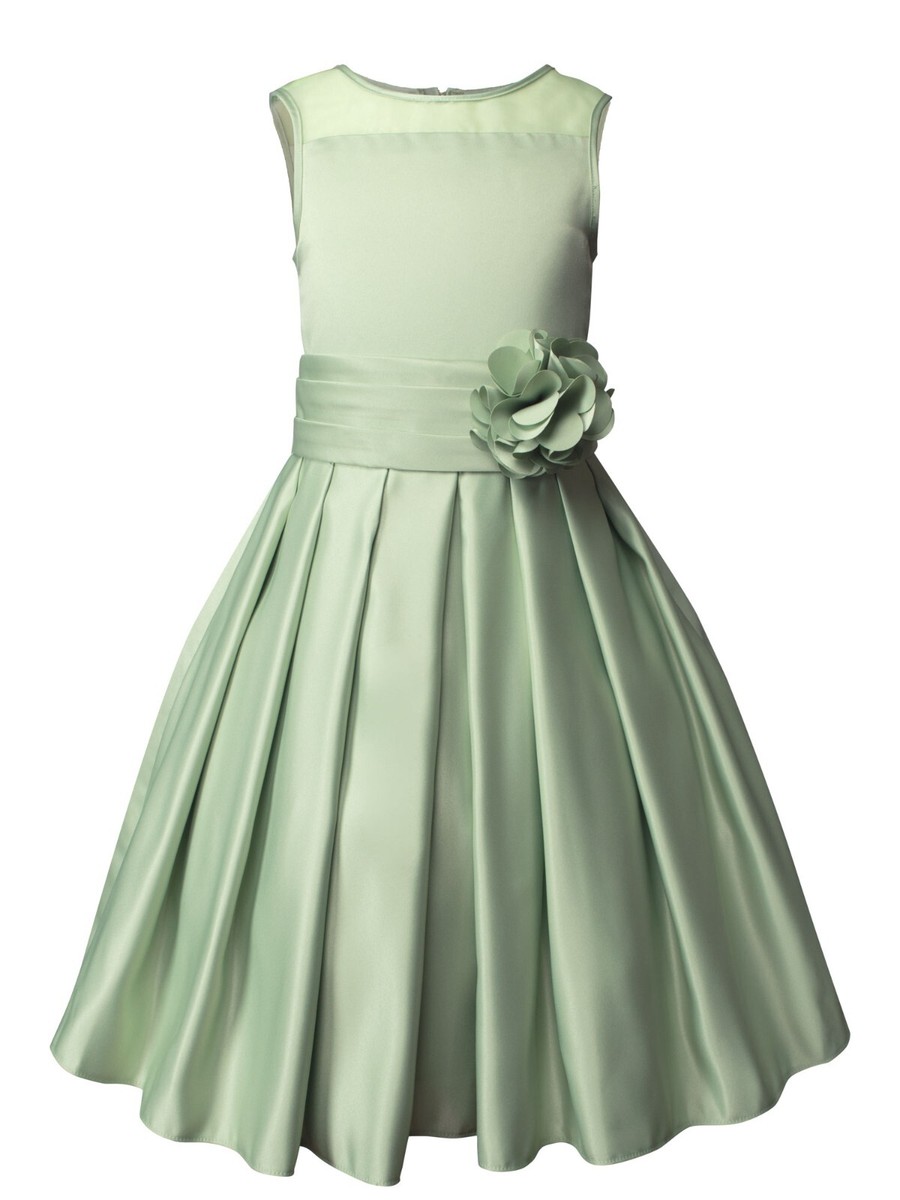 Girls Sheer Neckline Satin Tea Length Flower Girl Dress for Wedding Easter  | eBay